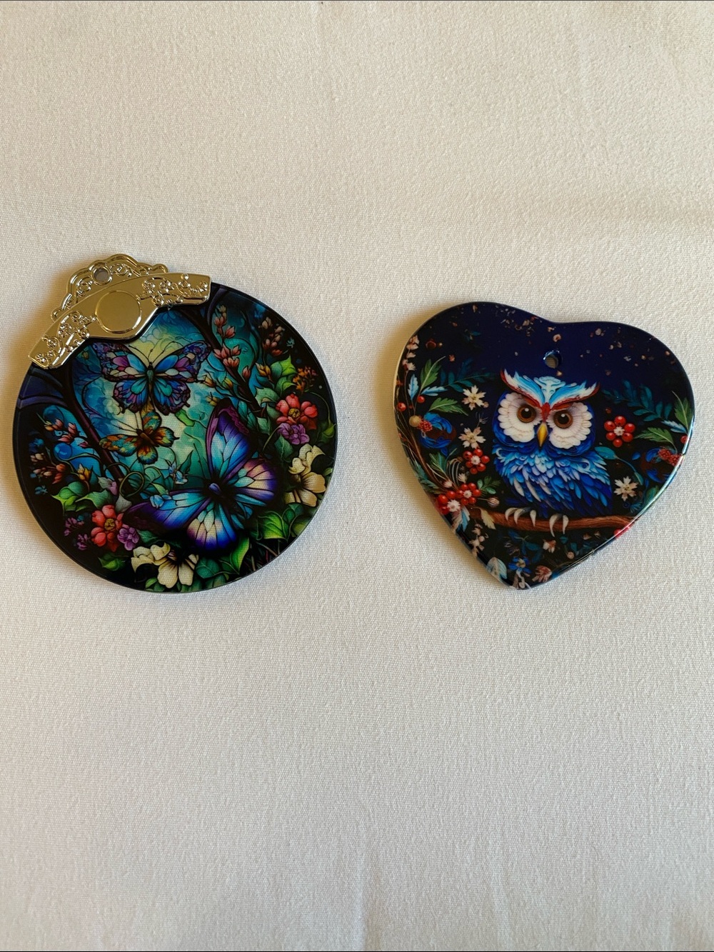 Colorful Heart Blue Owl Ornament and Stained Glass Butterfly Ornament Pair